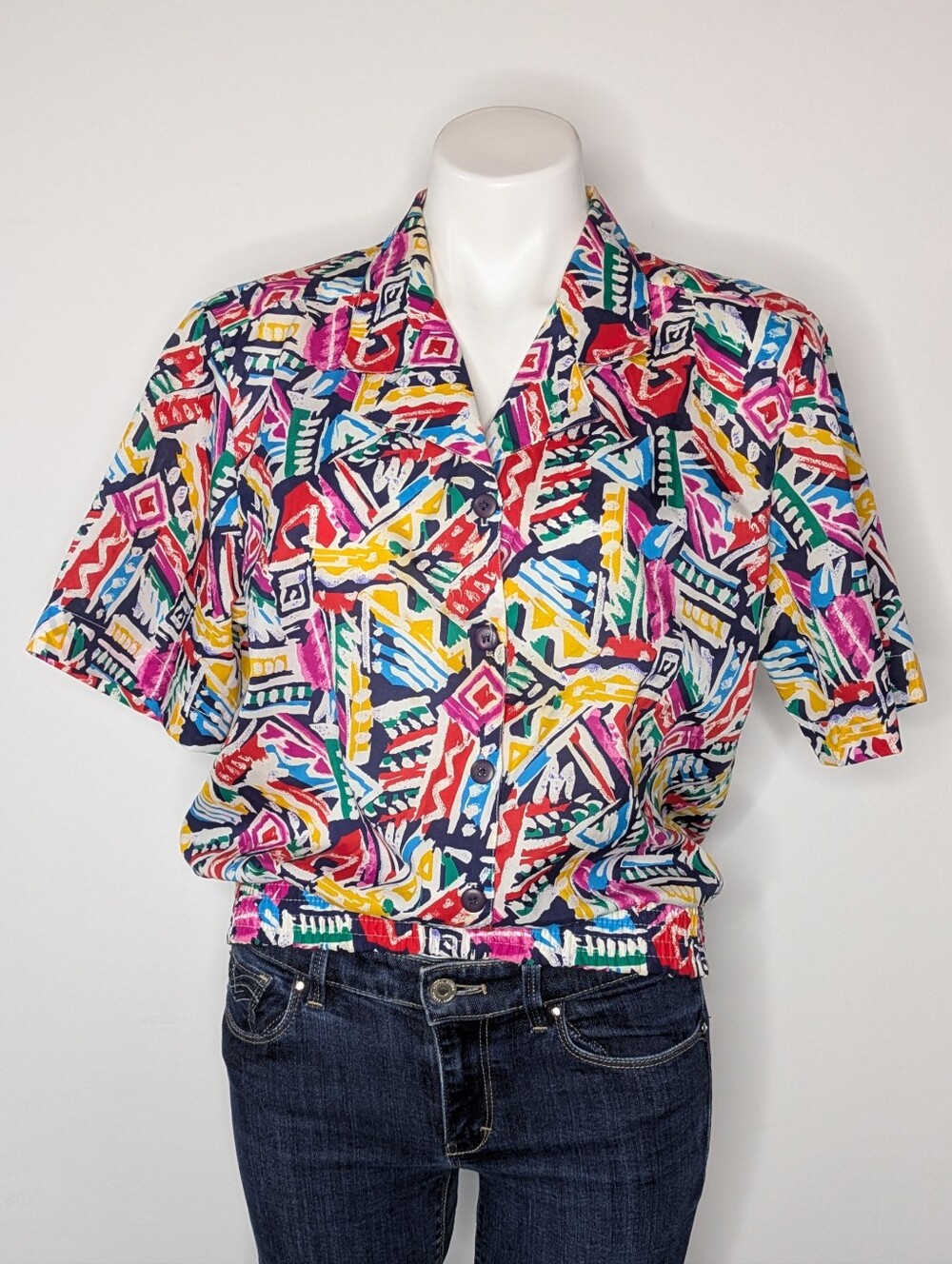 Vintage Notations Colorful Abstract Short Sleeve Button Up Blouse 12